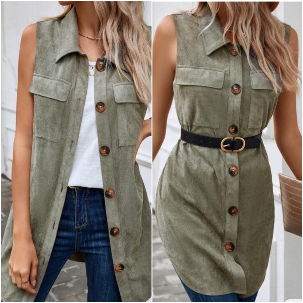 06 Army Green Button Down Pockets Vest